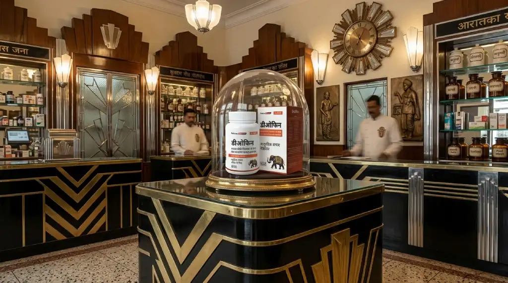Diofin displayed in a traditional Ayurvedic apothecary