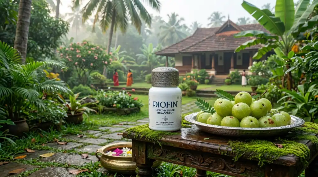 Diofin बोतल – प्राकृतिक आँगन में आयुर्वेदिक सेटिंग